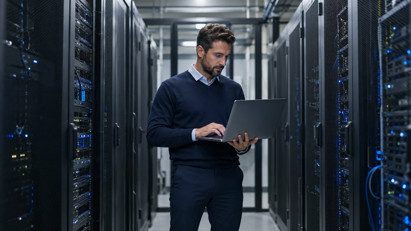 Illustrative information-security professional reviewing a laptop in a data centre