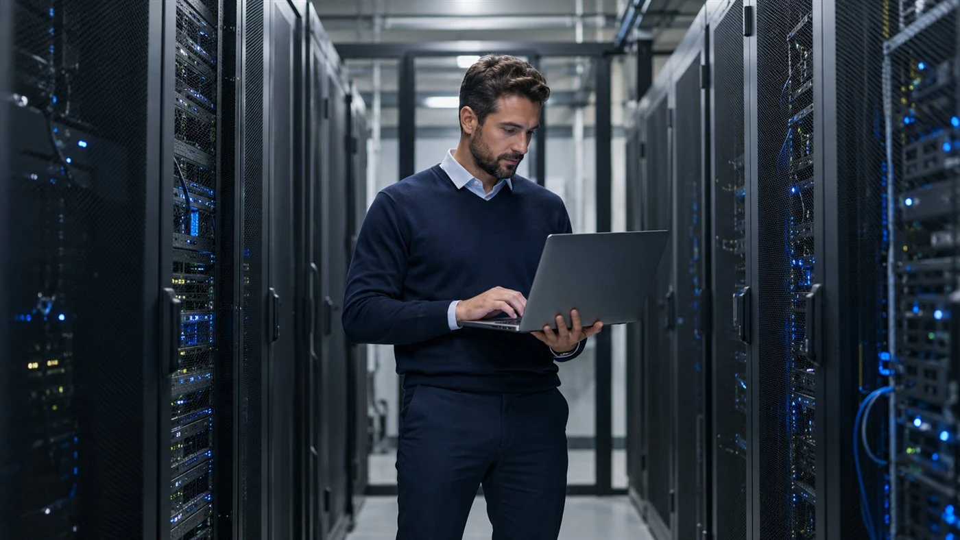 Illustrative information-security professional reviewing a laptop in a data centre