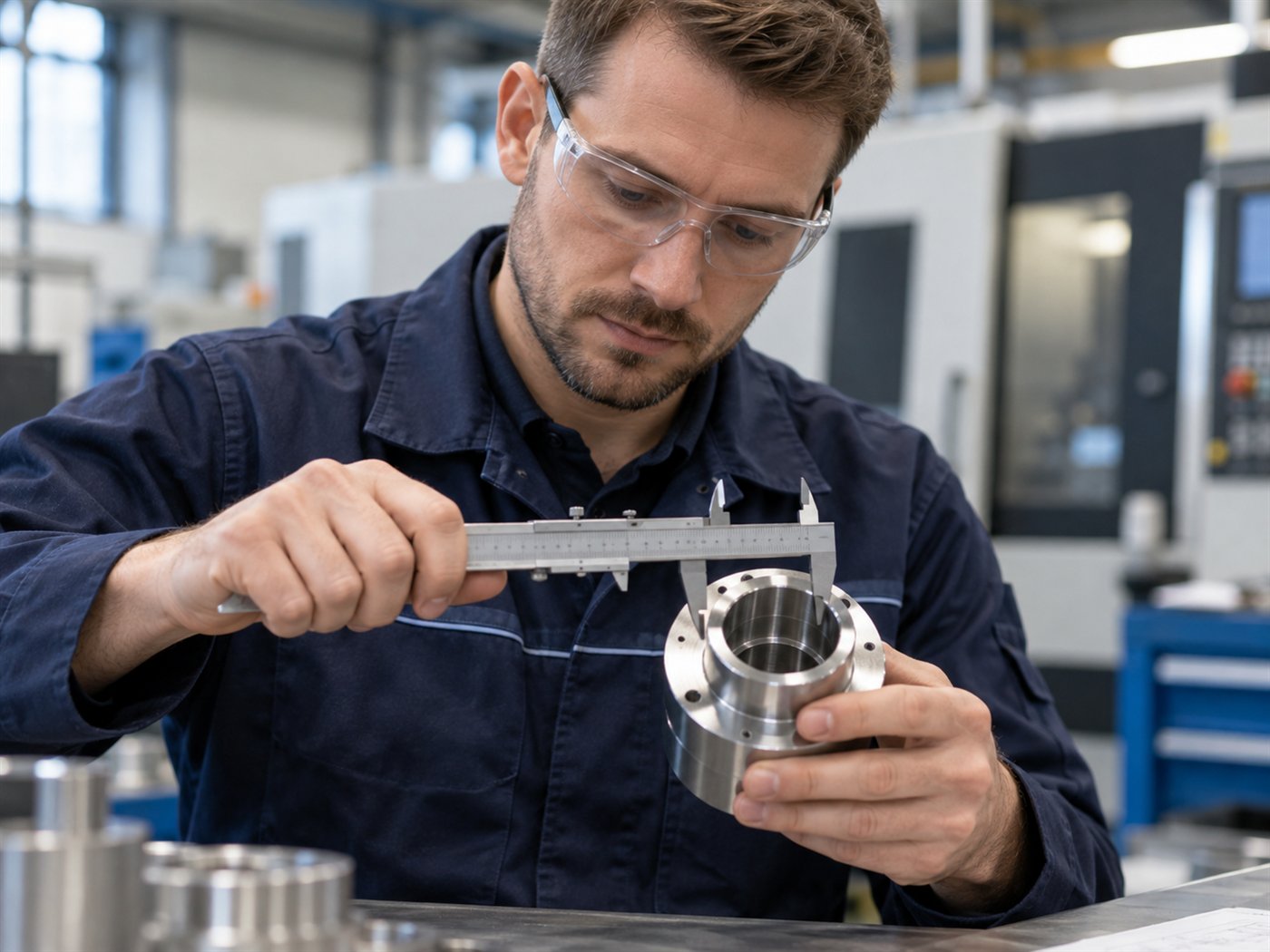 Illustrative quality-control engineer measuring a machined component